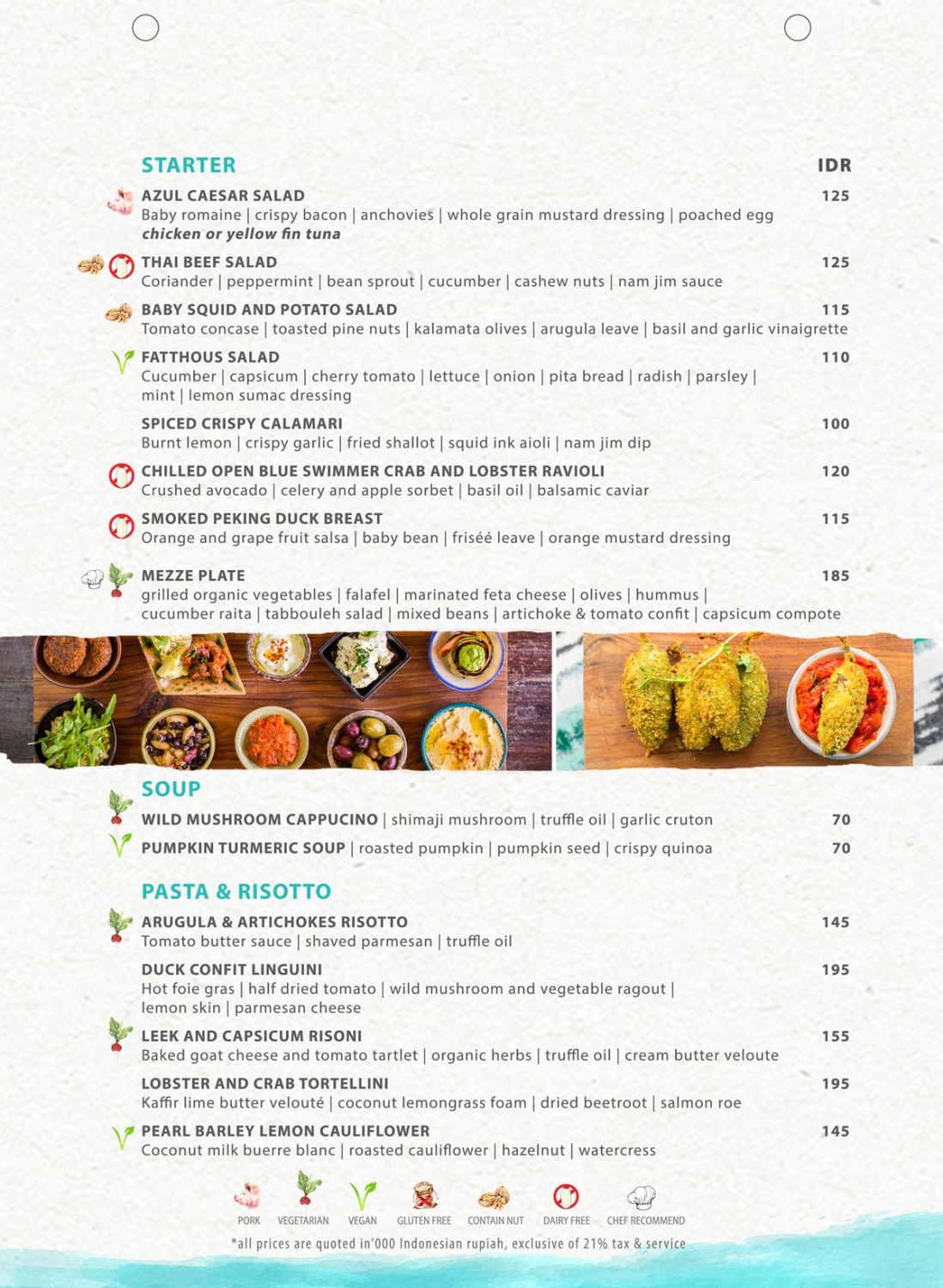 Azul Beach Club Food & Beverage Menus - Lunch / Dinner